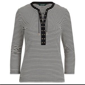Lauren Ralph Lauren Size S Lace-Up Striped Cotton Top Tee NEW!